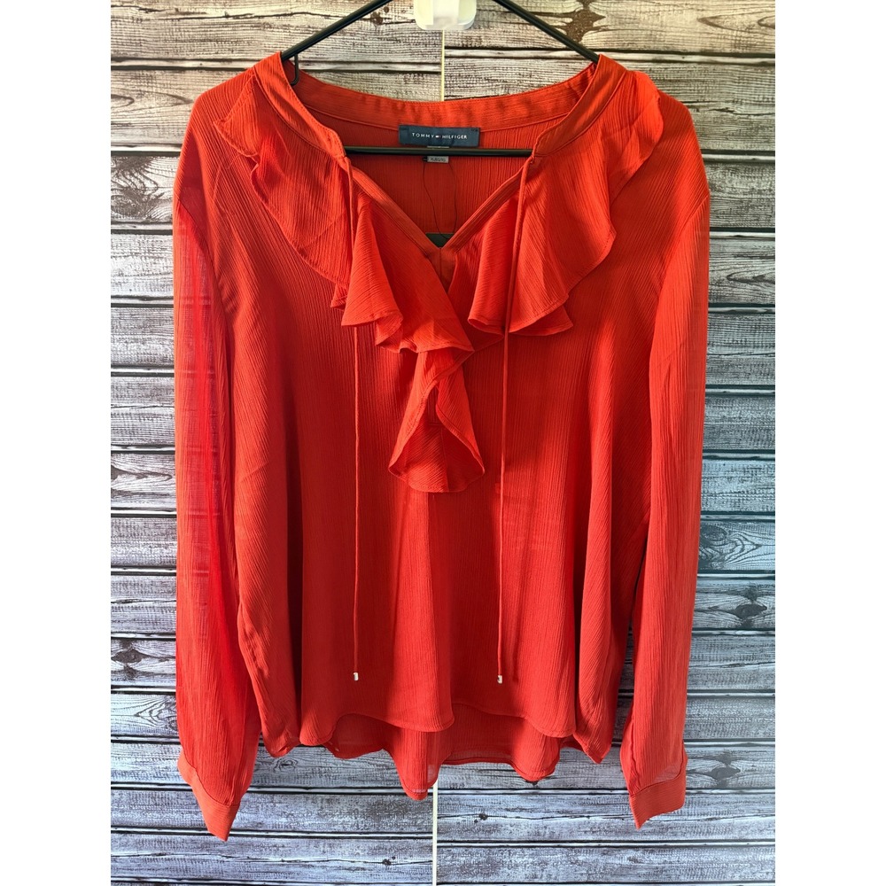 Tommy Hilfiger Womens Long-Sleeved Blouse Size XL Dark Orange Ruffled V-Neck NWT